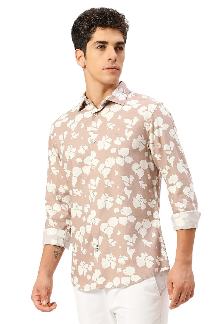 BASICS SLIM FIT TUSCANY BROWN COTTON VISCOSE TWILL PRINTED SHIRT