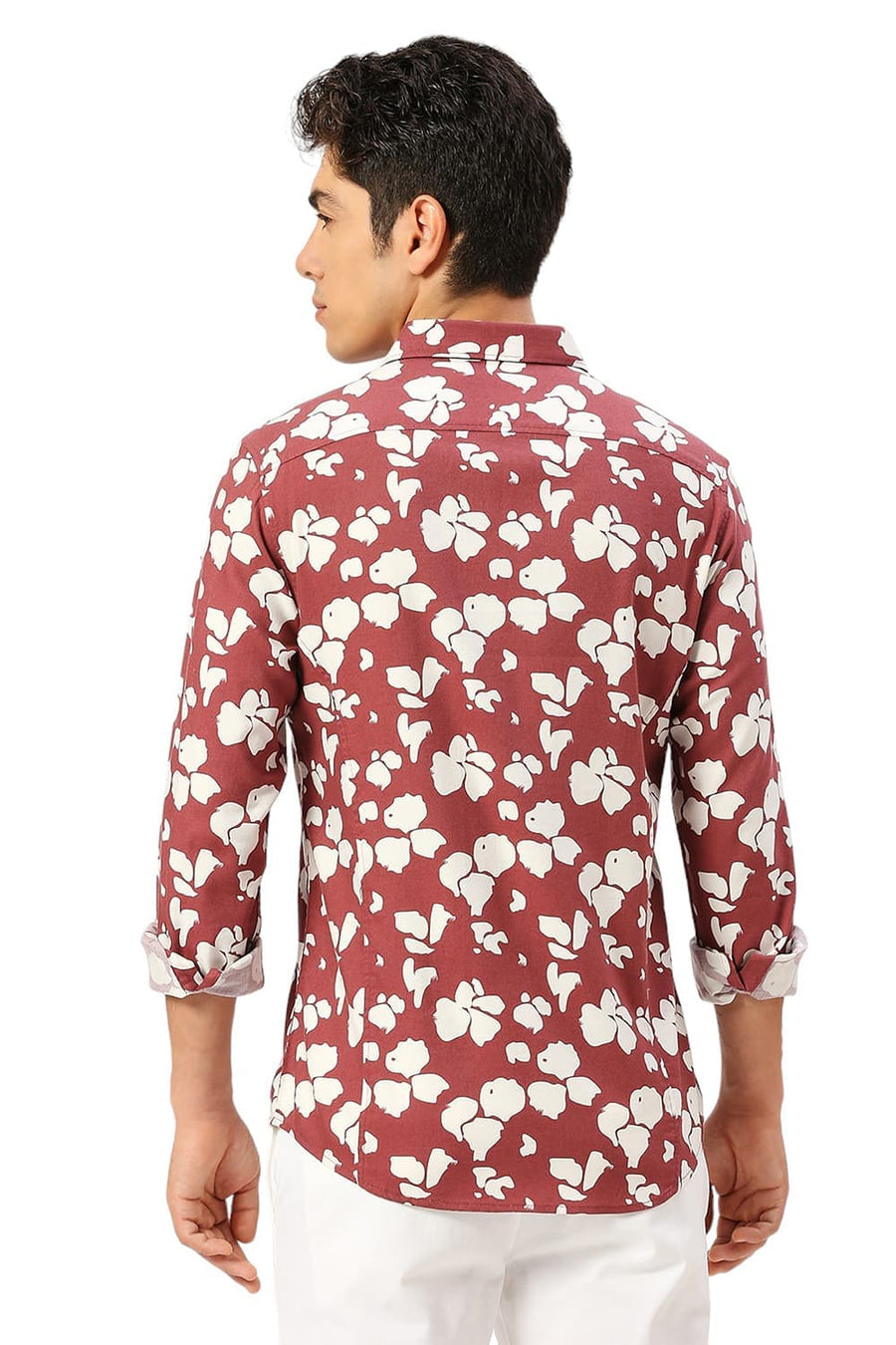 BASICS SLIM FIT SPICED MAROON COTTON VISCOSE TWILL PRINTED SHIRT