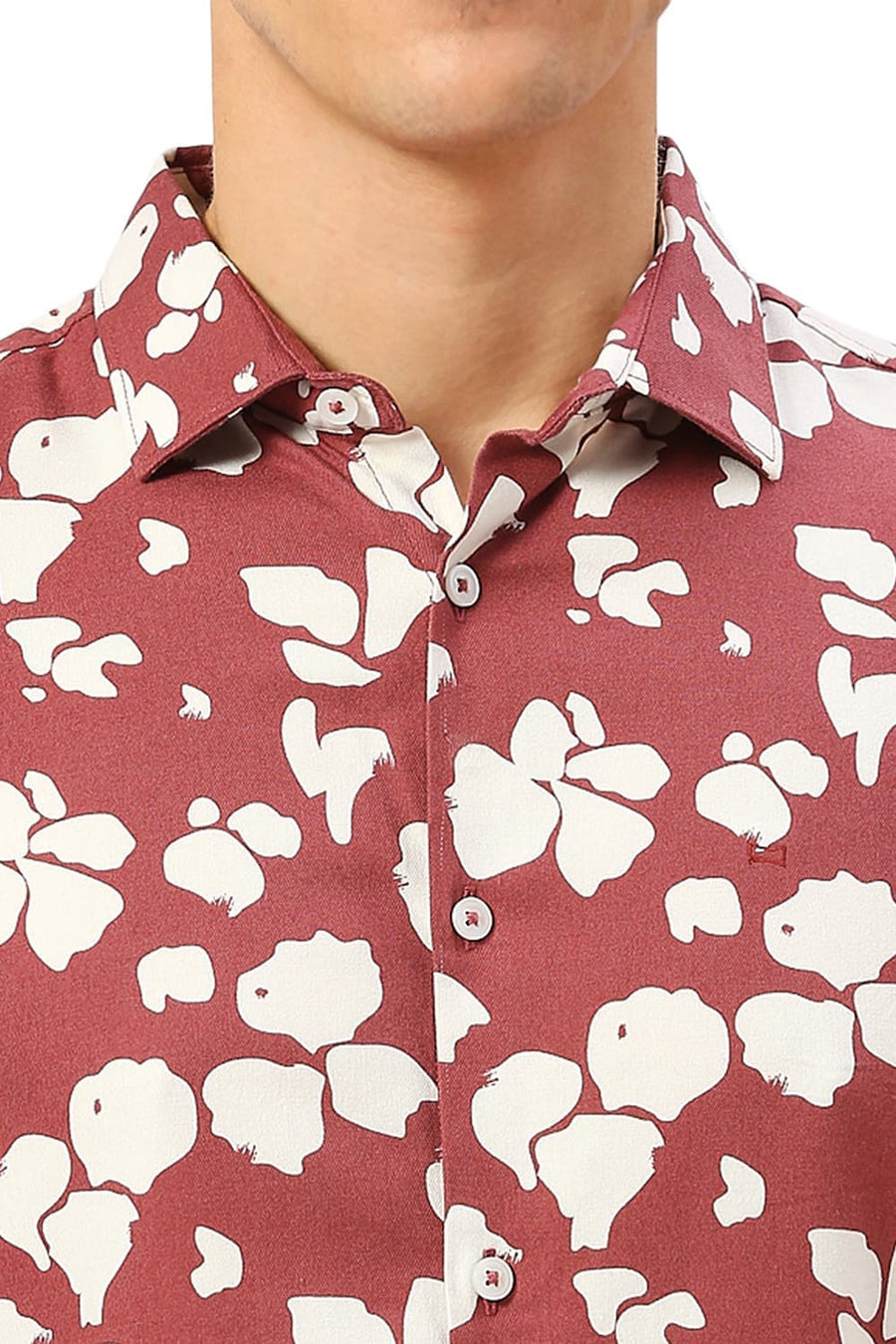 BASICS SLIM FIT SPICED MAROON COTTON VISCOSE TWILL PRINTED SHIRT
