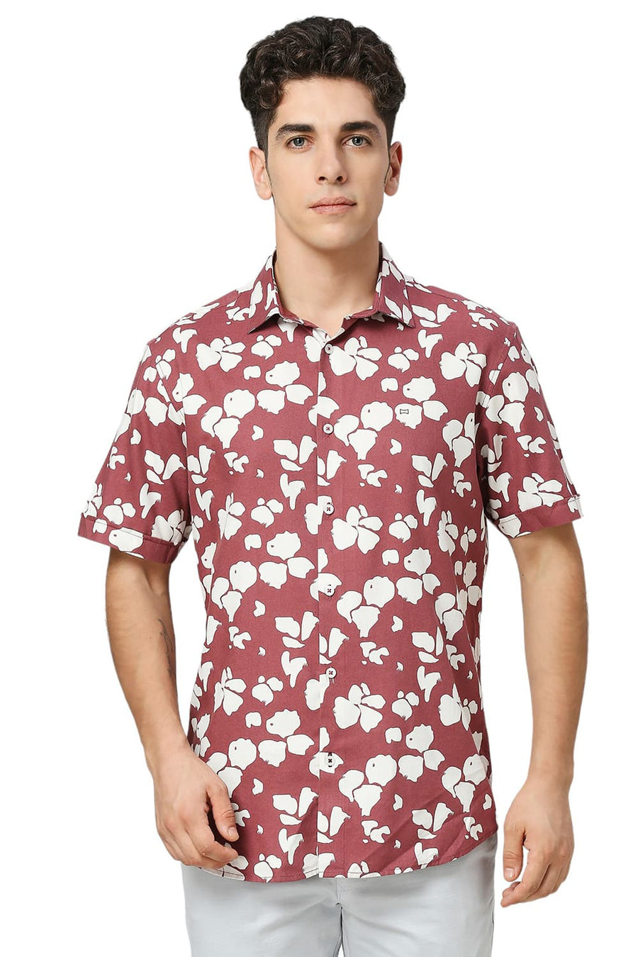 BASICS SLIM FIT SPICED MAROON COTTON VISCOSE TWILL PRINTED HALFSLEEVES SHIRT