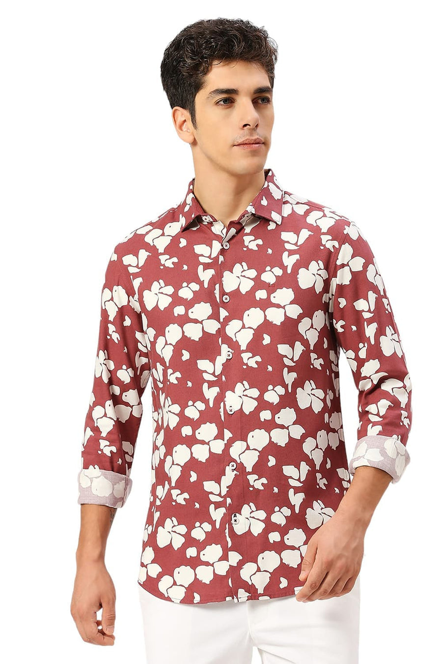 BASICS SLIM FIT SPICED MAROON COTTON VISCOSE TWILL PRINTED SHIRT