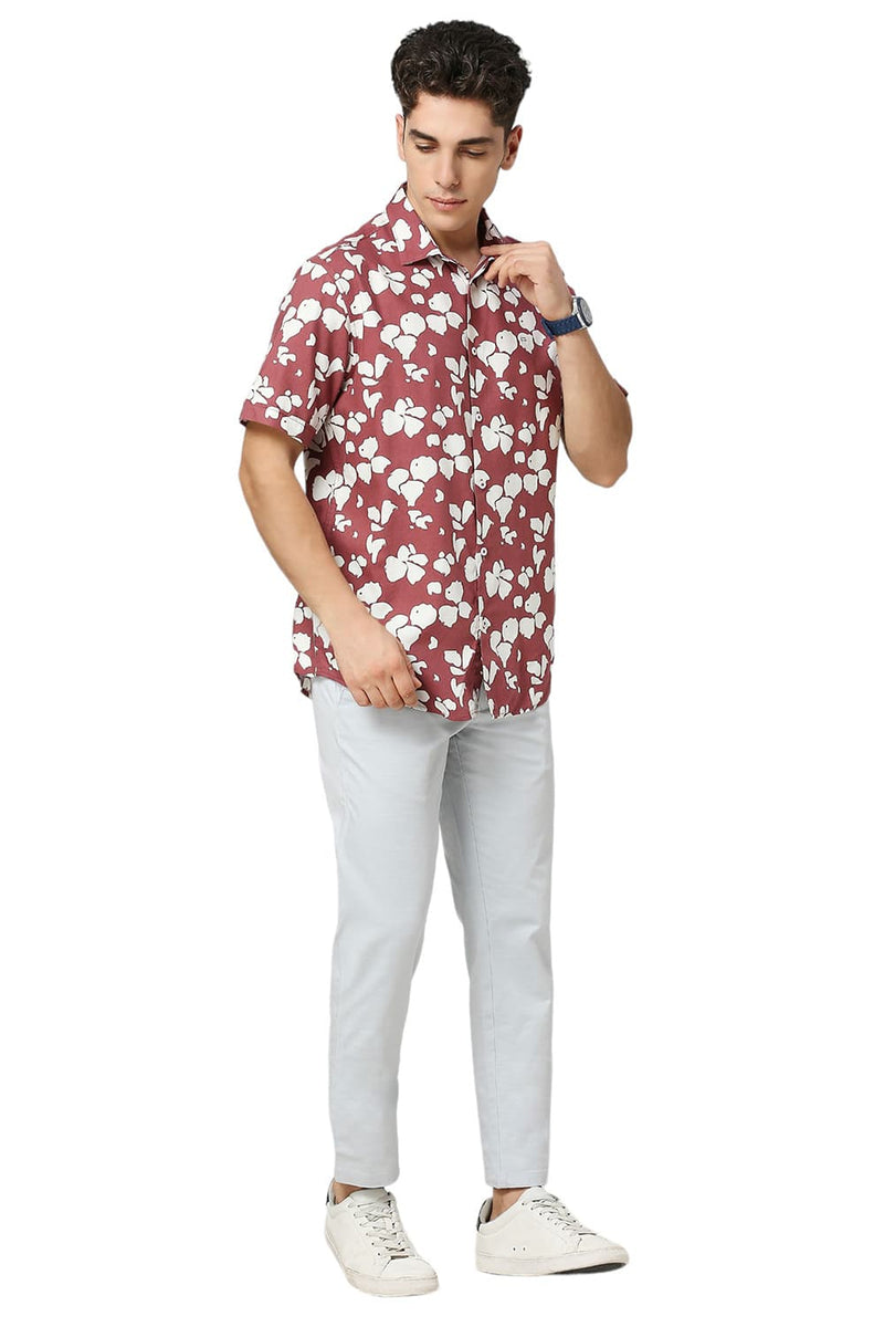 SLIM FIT COTTON VISCOSE TWILL PRINTED HALFSLEEVES SHIRT