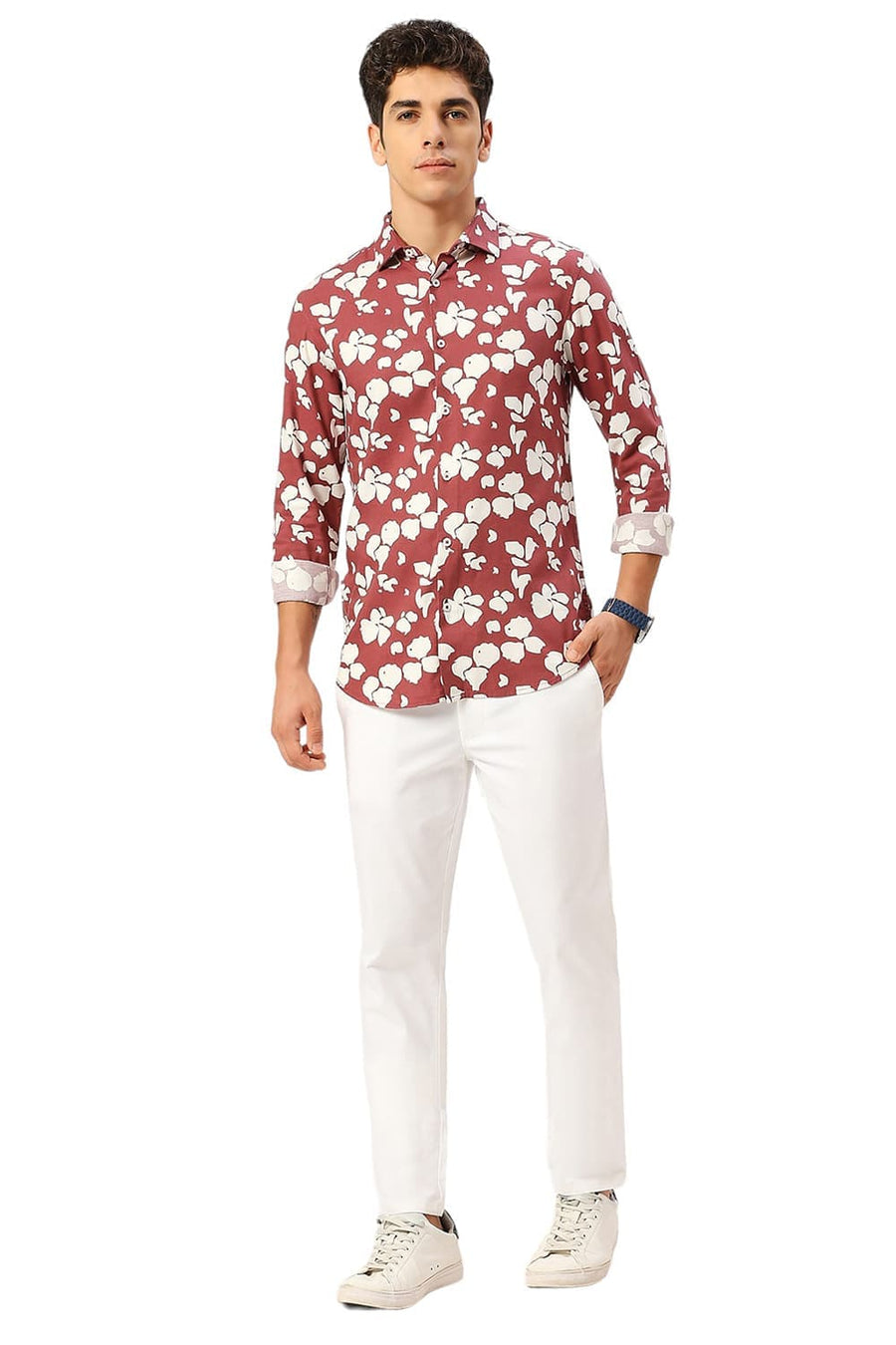 BASICS SLIM FIT SPICED MAROON COTTON VISCOSE TWILL PRINTED SHIRT