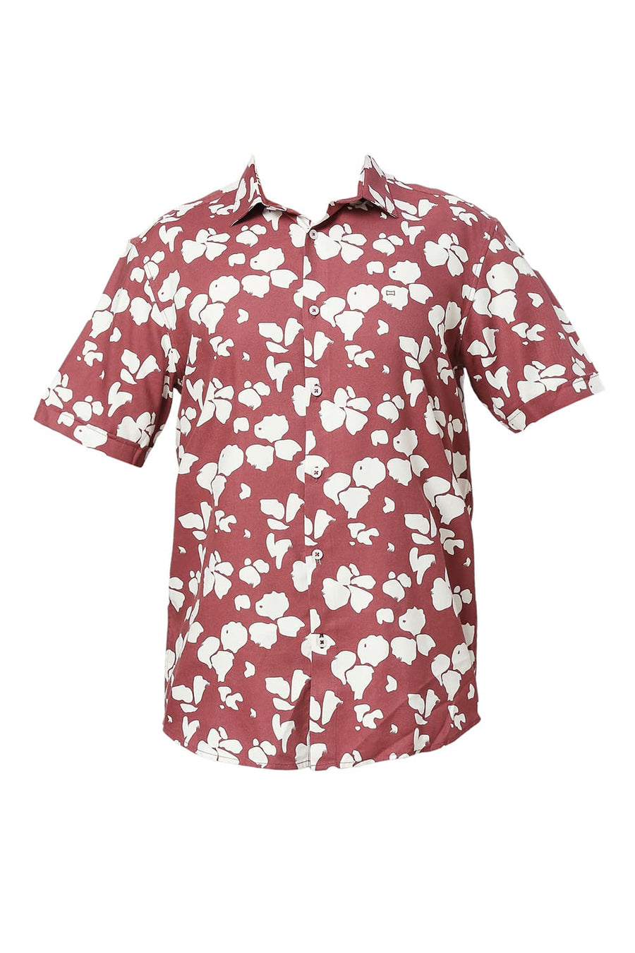 BASICS SLIM FIT SPICED MAROON COTTON VISCOSE TWILL PRINTED HALFSLEEVES SHIRT