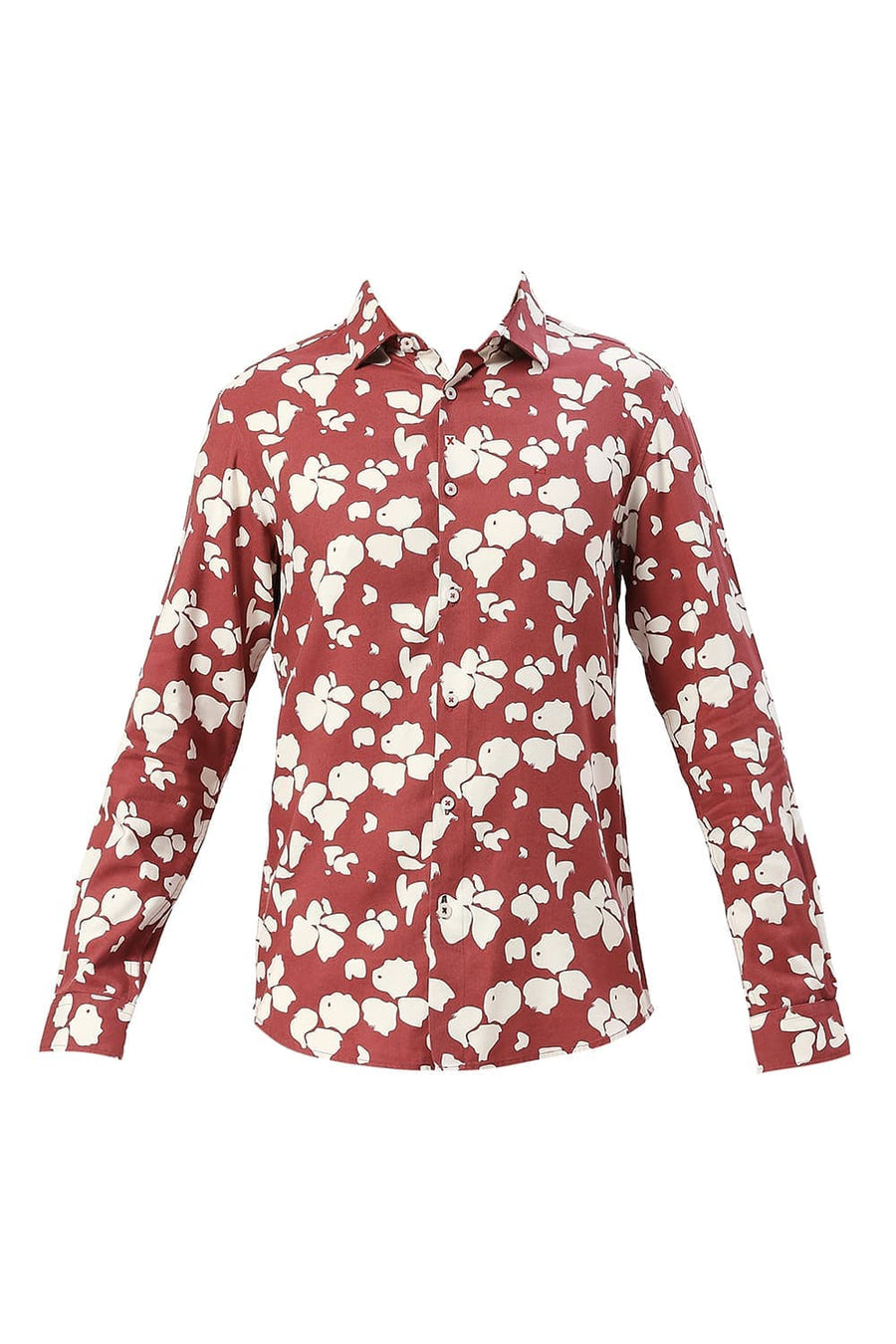 BASICS SLIM FIT SPICED MAROON COTTON VISCOSE TWILL PRINTED SHIRT