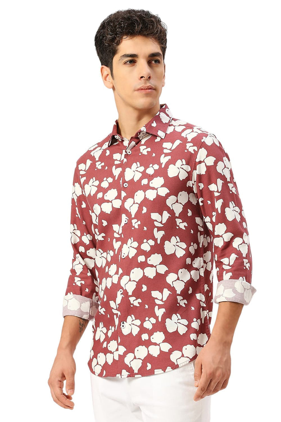 BASICS SLIM FIT SPICED MAROON COTTON VISCOSE TWILL PRINTED SHIRT