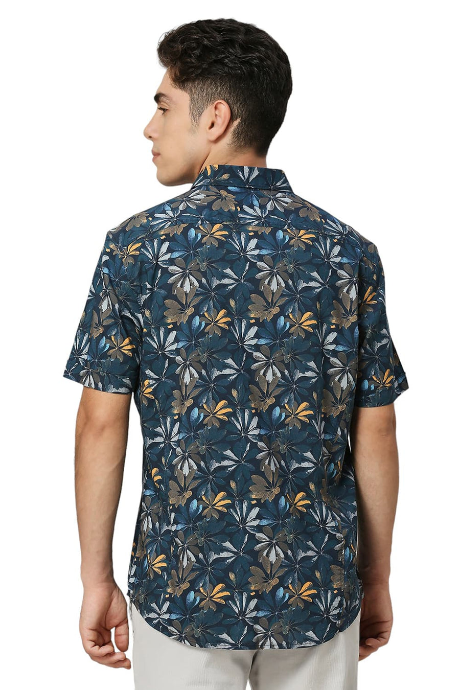 BASICS SLIM FIT DRESS NAVY COTTON VISCOSE DIGITAL PRINTED HALFSLEEVES SHIRT