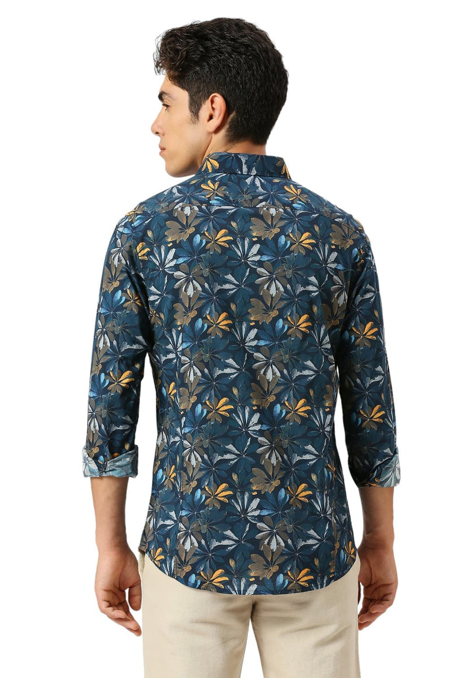 BASICS SLIM FIT DRESS NAVY COTTON VISCOSE DIGITAL PRINTED SHIRT