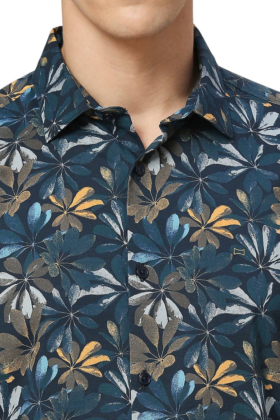 BASICS SLIM FIT DRESS NAVY COTTON VISCOSE DIGITAL PRINTED HALFSLEEVES SHIRT