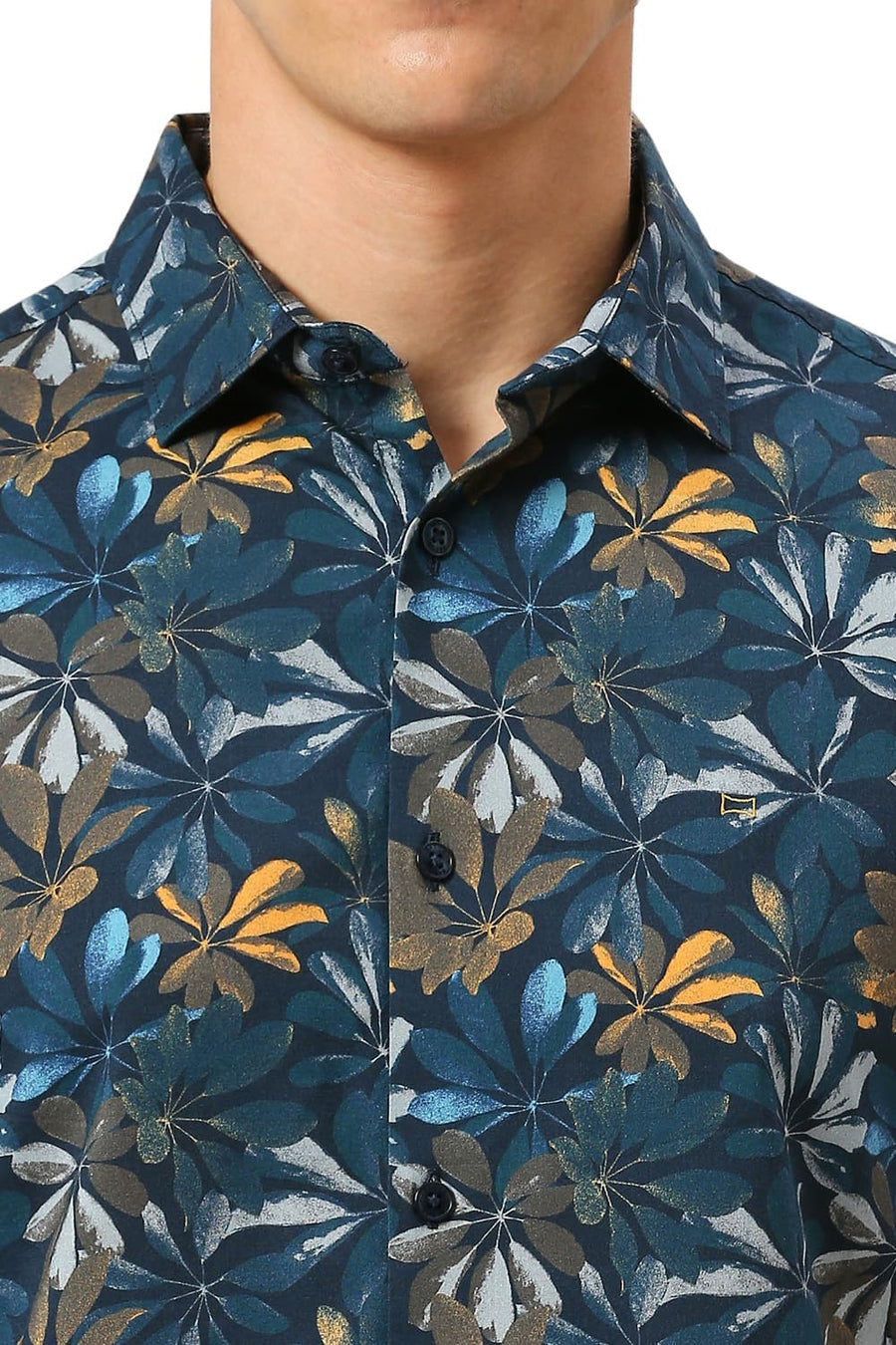 BASICS SLIM FIT DRESS NAVY COTTON VISCOSE DIGITAL PRINTED SHIRT