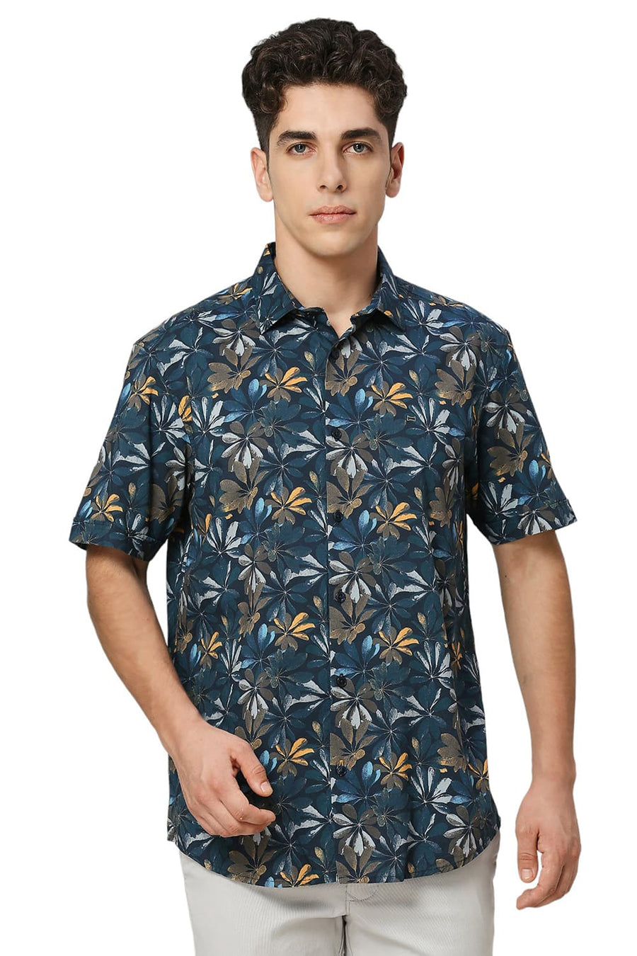 BASICS SLIM FIT DRESS NAVY COTTON VISCOSE DIGITAL PRINTED HALFSLEEVES SHIRT