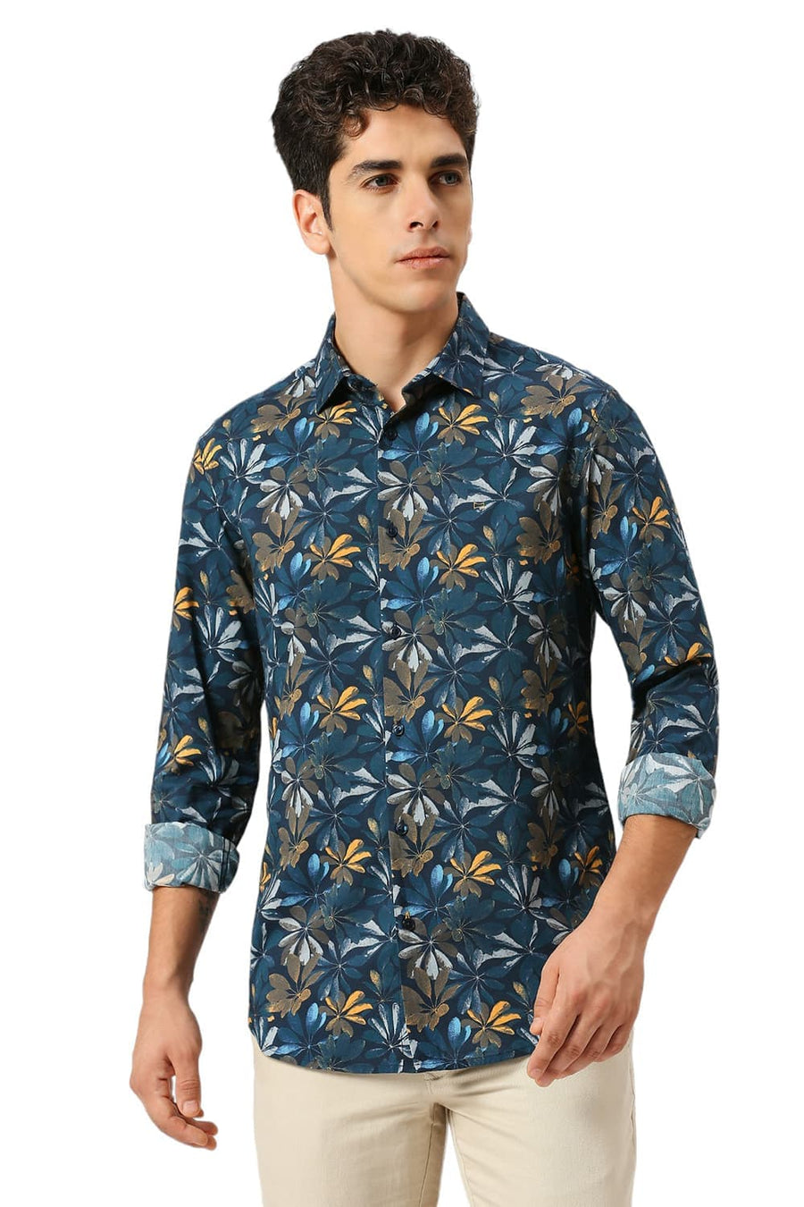 BASICS SLIM FIT DRESS NAVY COTTON VISCOSE DIGITAL PRINTED SHIRT