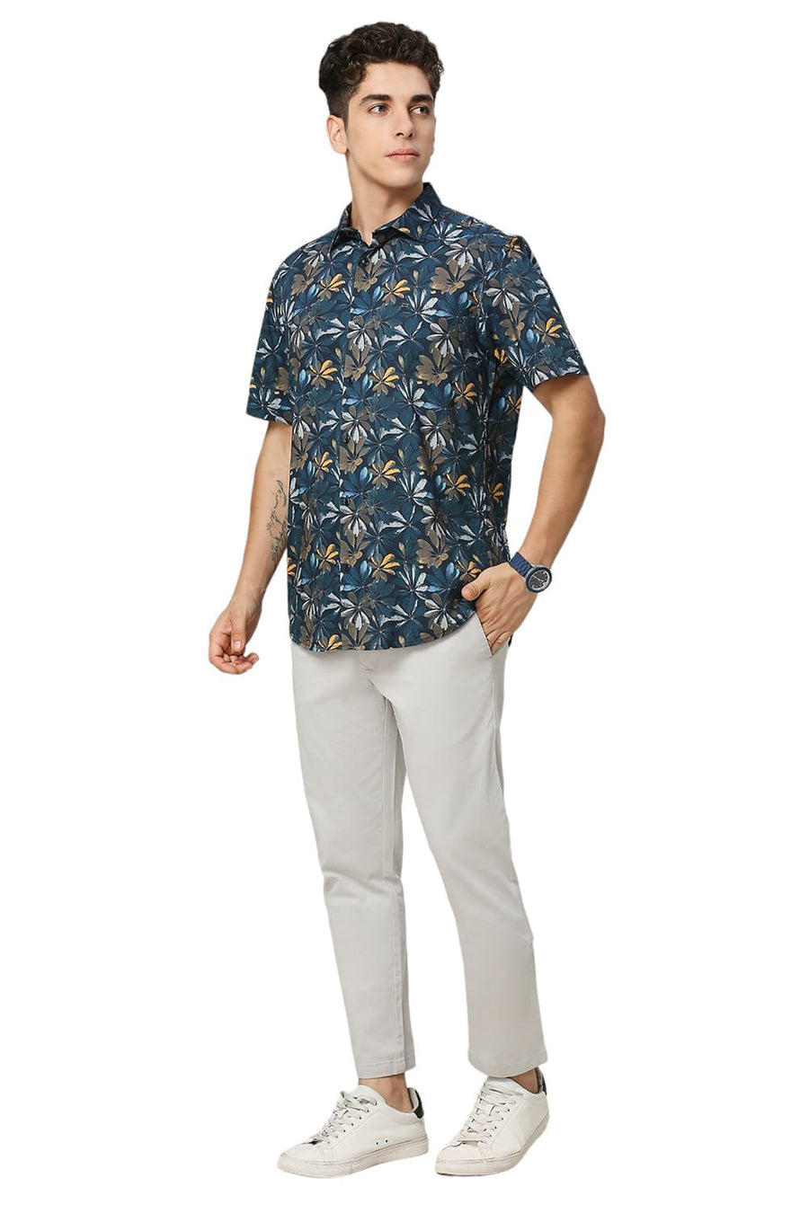 BASICS SLIM FIT DRESS NAVY COTTON VISCOSE DIGITAL PRINTED HALFSLEEVES SHIRT