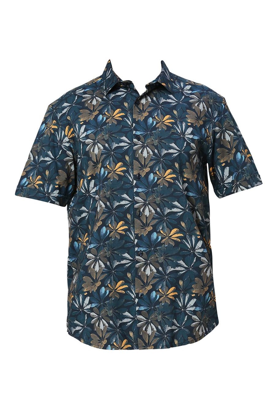 BASICS SLIM FIT DRESS NAVY COTTON VISCOSE DIGITAL PRINTED HALFSLEEVES SHIRT