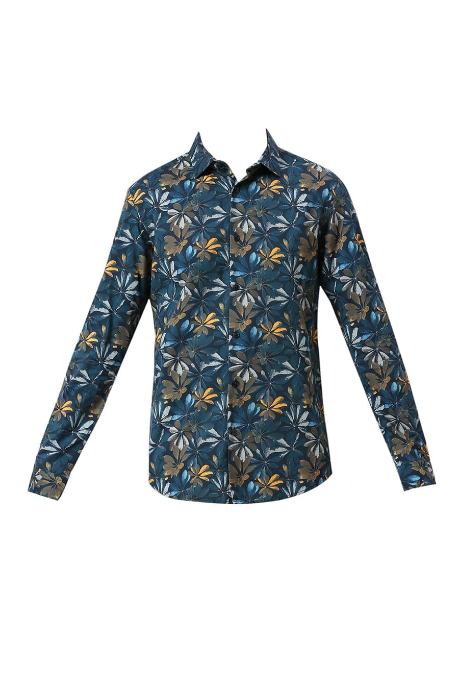BASICS SLIM FIT DRESS NAVY COTTON VISCOSE DIGITAL PRINTED SHIRT