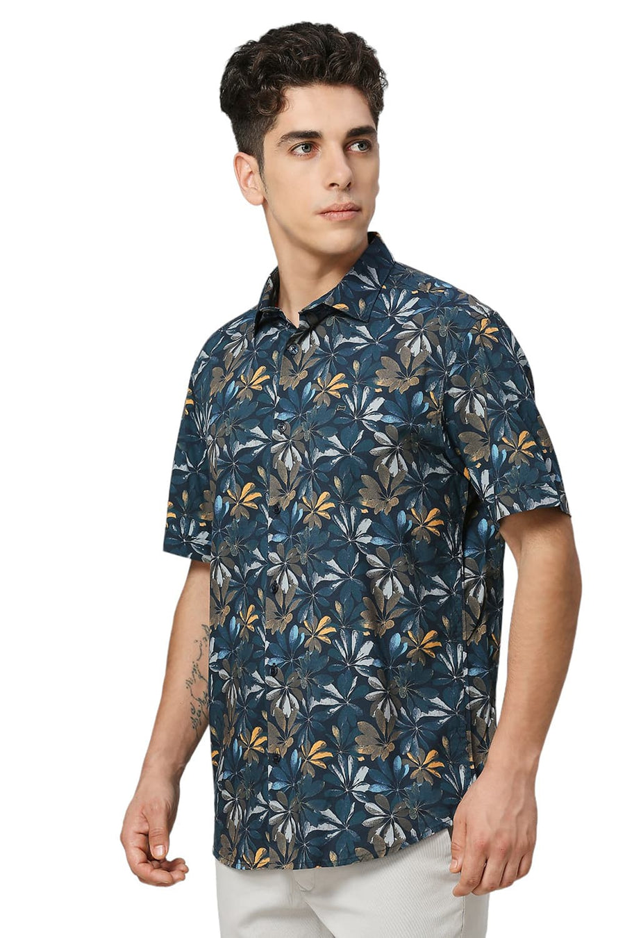 BASICS SLIM FIT DRESS NAVY COTTON VISCOSE DIGITAL PRINTED HALFSLEEVES SHIRT