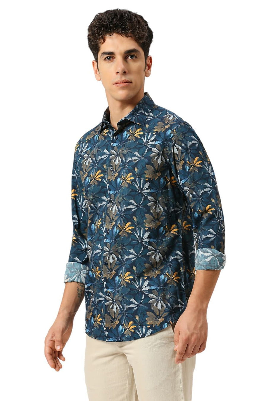 BASICS SLIM FIT DRESS NAVY COTTON VISCOSE DIGITAL PRINTED SHIRT