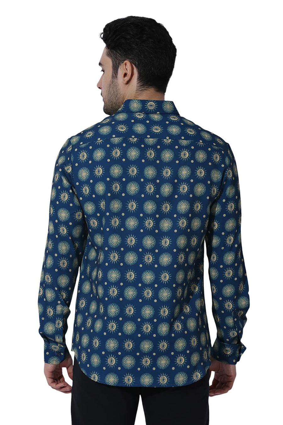 BASICS SLIM FIT MOROCCAN BLUE POLYESTER PRINTED SHIRT