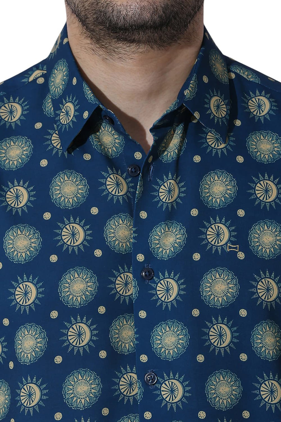 BASICS SLIM FIT MOROCCAN BLUE POLYESTER PRINTED SHIRT