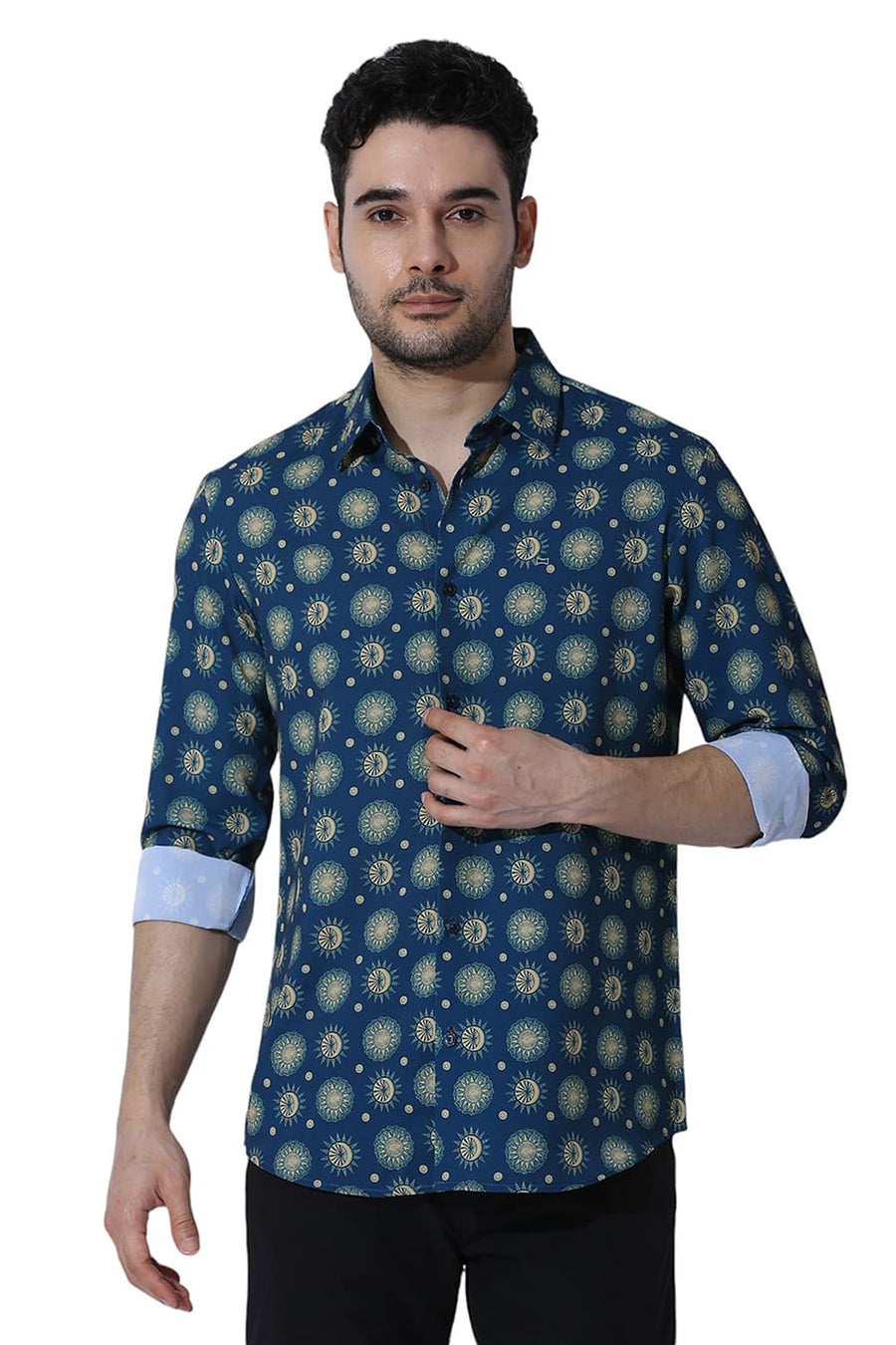 BASICS SLIM FIT MOROCCAN BLUE POLYESTER PRINTED SHIRT