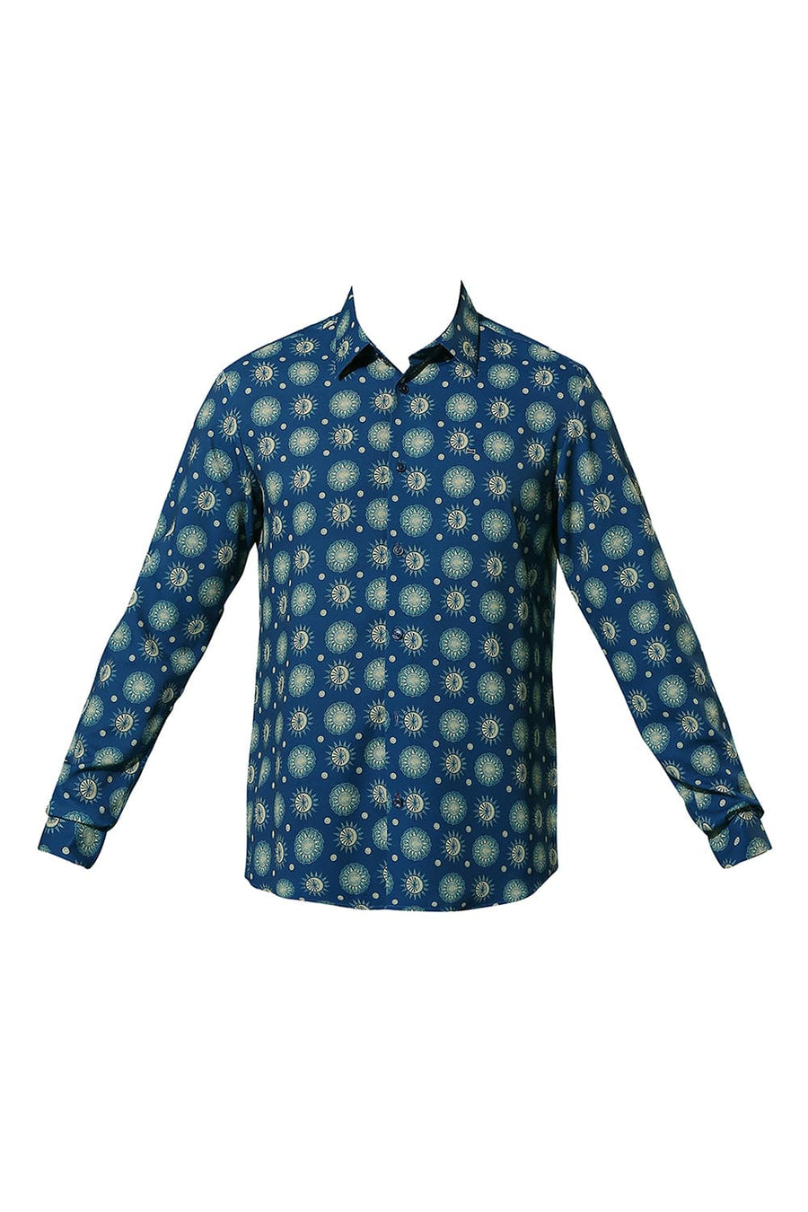 BASICS SLIM FIT MOROCCAN BLUE POLYESTER PRINTED SHIRT