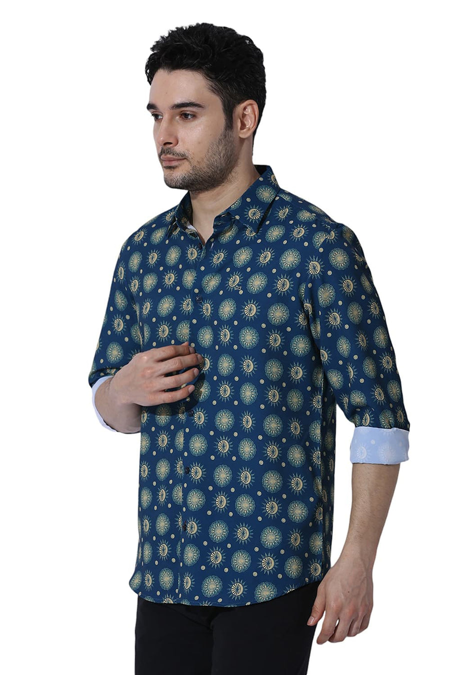 BASICS SLIM FIT MOROCCAN BLUE POLYESTER PRINTED SHIRT