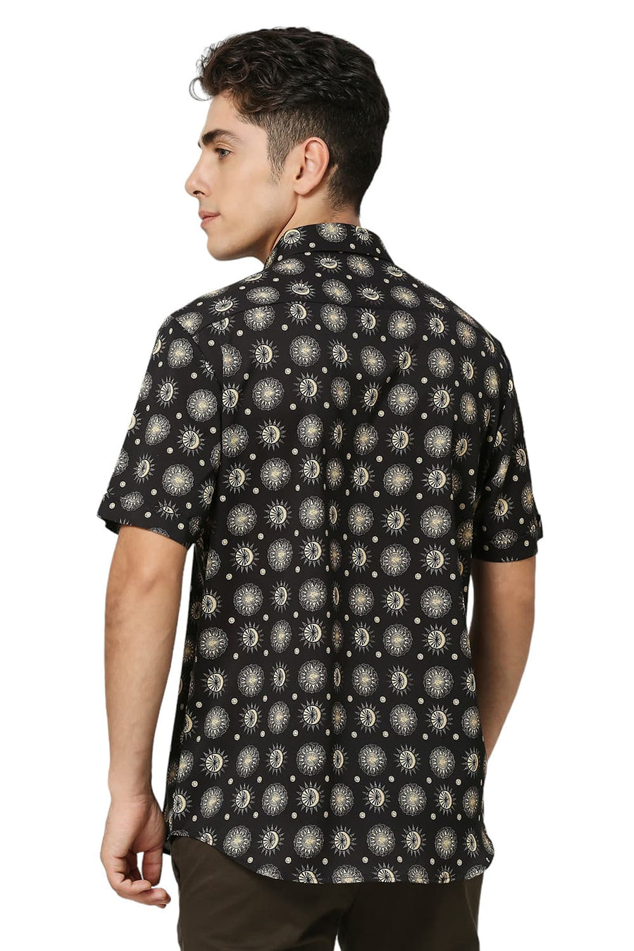 BASICS SLIM FIT PHANTOM BLACK POLYESTER PRINTED HALFSLEEVES SHIRT