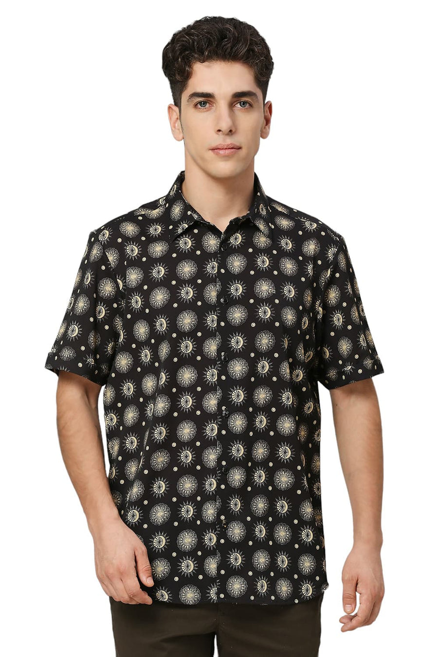 BASICS SLIM FIT PHANTOM BLACK POLYESTER PRINTED HALFSLEEVES SHIRT