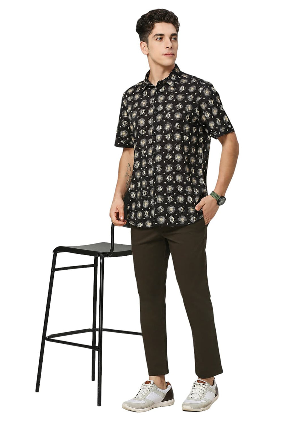 BASICS SLIM FIT PHANTOM BLACK POLYESTER PRINTED HALFSLEEVES SHIRT