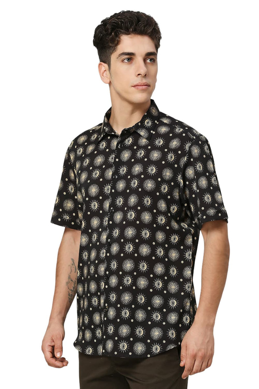 BASICS SLIM FIT PHANTOM BLACK POLYESTER PRINTED HALFSLEEVES SHIRT