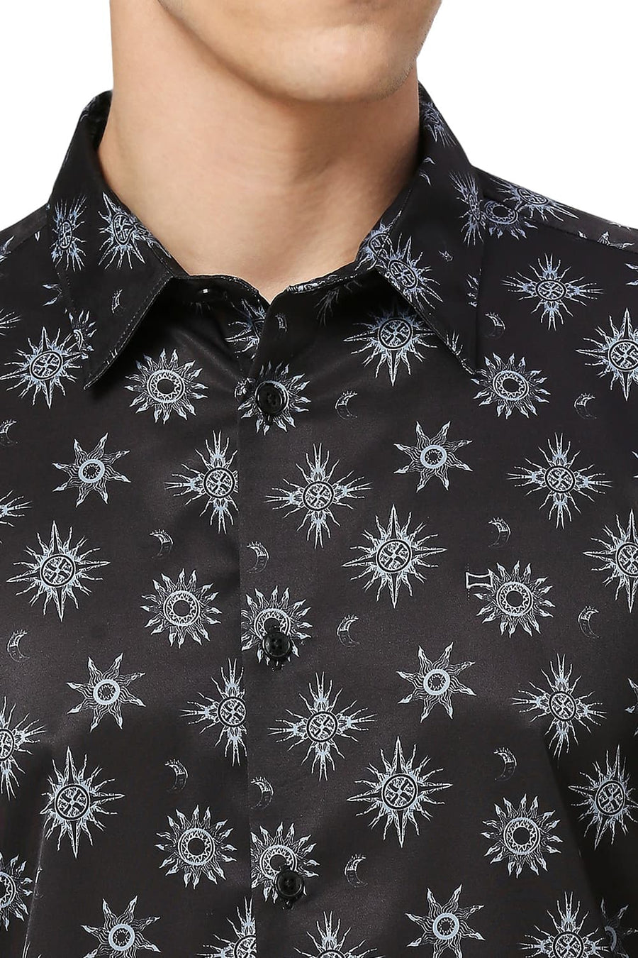BASICS SLIM FIT PHANTOM BLACK POLYESTER STRETCH TWILL PRINTED HALFSLEEVES SHIRT