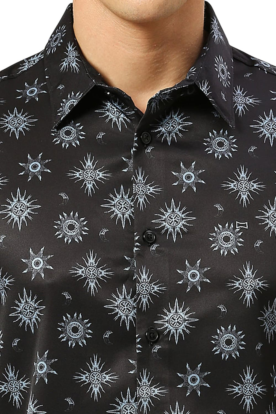 BASICS SLIM FIT PHANTOM BLACK POLYESTER STRETCH TWILL PRINTED SHIRT