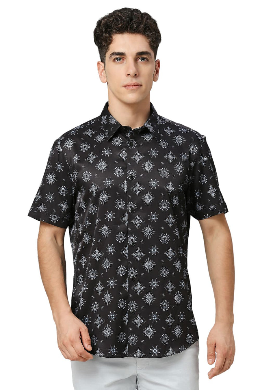 BASICS SLIM FIT PHANTOM BLACK POLYESTER STRETCH TWILL PRINTED HALFSLEEVES SHIRT