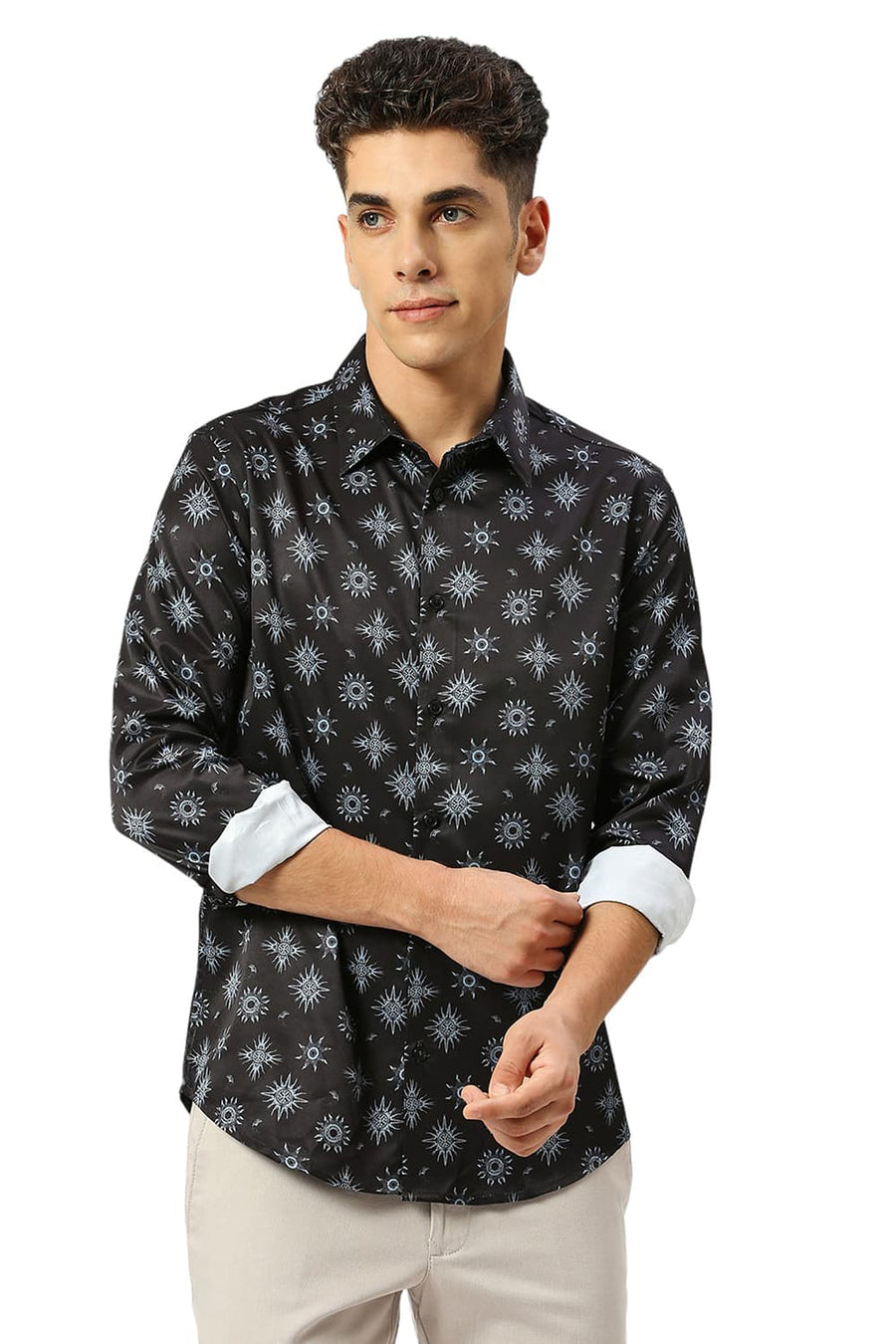 BASICS SLIM FIT PHANTOM BLACK POLYESTER STRETCH TWILL PRINTED SHIRT