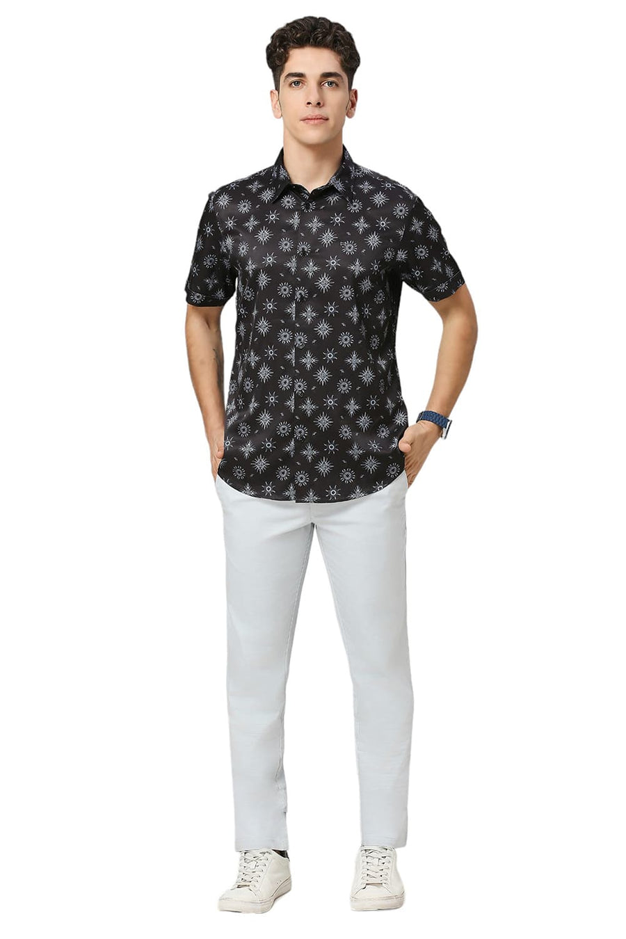 BASICS SLIM FIT PHANTOM BLACK POLYESTER STRETCH TWILL PRINTED HALFSLEEVES SHIRT