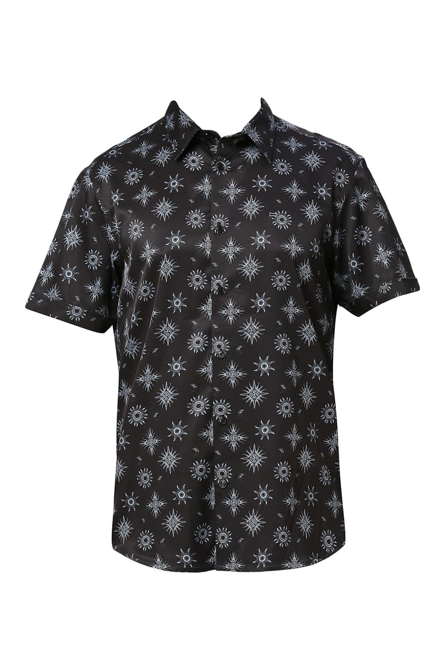 BASICS SLIM FIT PHANTOM BLACK POLYESTER STRETCH TWILL PRINTED HALFSLEEVES SHIRT