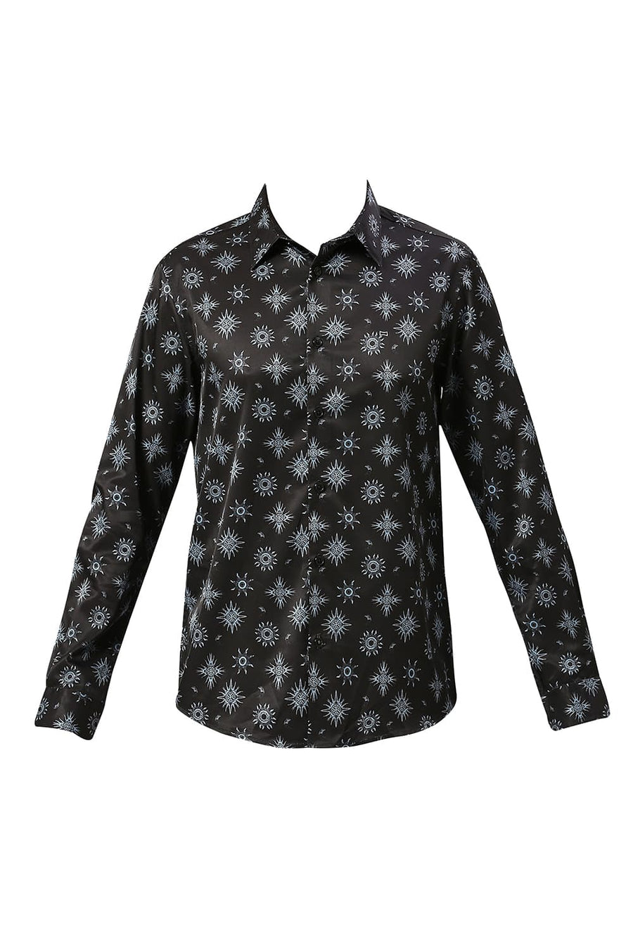 BASICS SLIM FIT PHANTOM BLACK POLYESTER STRETCH TWILL PRINTED SHIRT