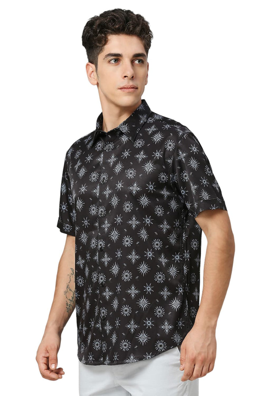 BASICS SLIM FIT PHANTOM BLACK POLYESTER STRETCH TWILL PRINTED HALFSLEEVES SHIRT