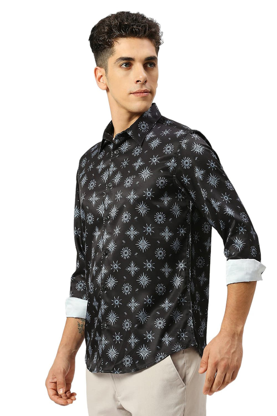 BASICS SLIM FIT PHANTOM BLACK POLYESTER STRETCH TWILL PRINTED SHIRT