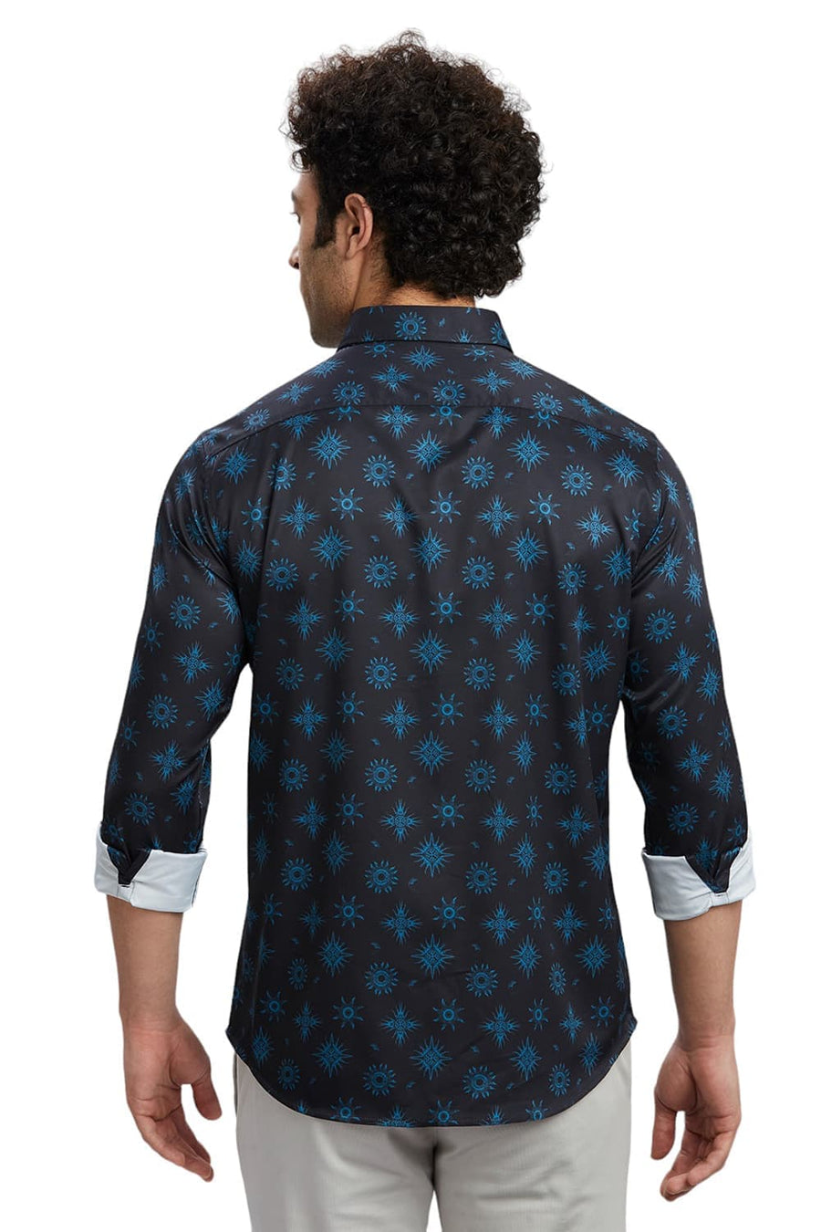 BASICS SLIM FIT GRAPHITE NAVY POLYESTER STRETCH TWILL PRINTED SHIRT