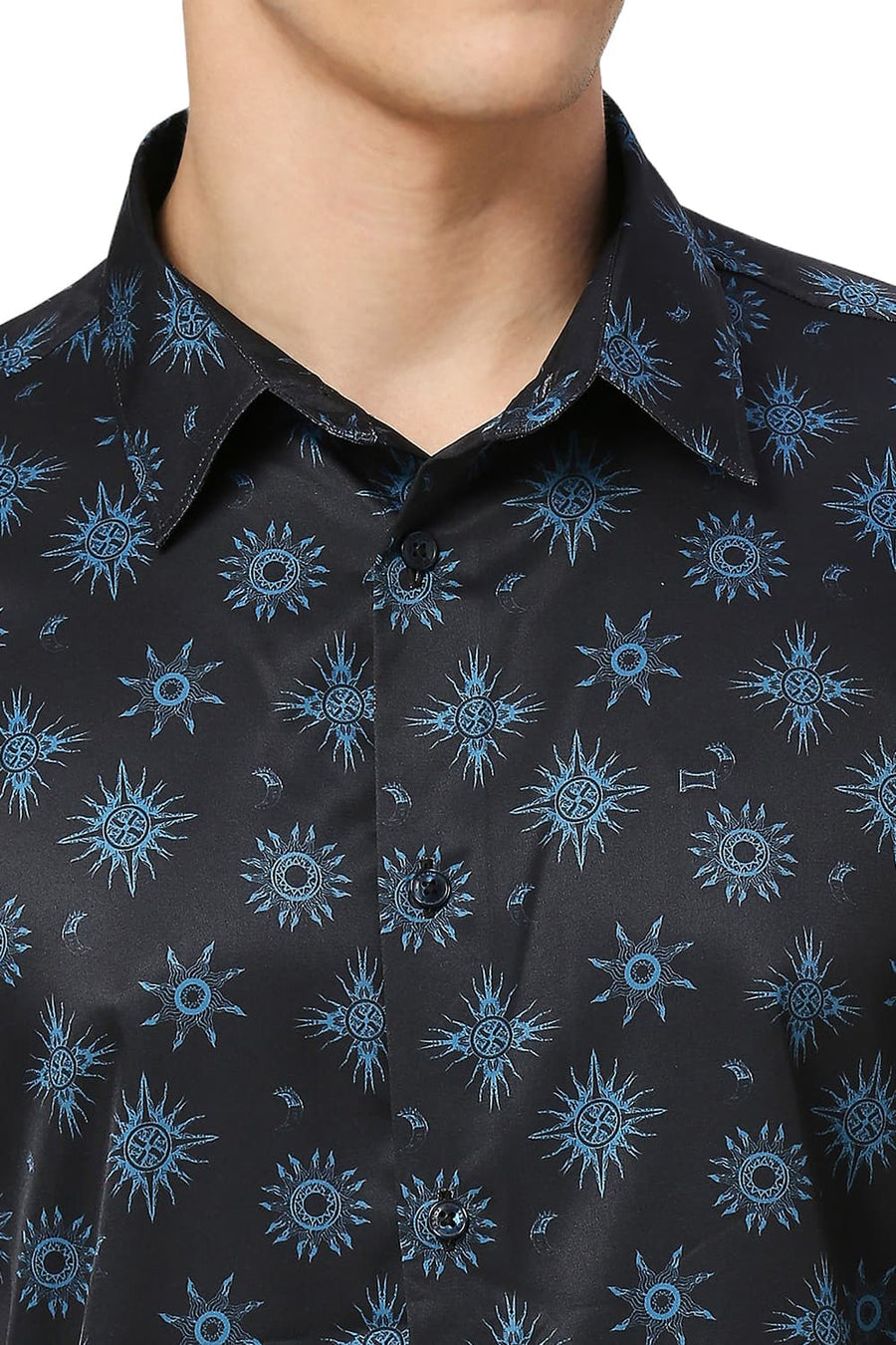 BASICS SLIM FIT GRAPHITE NAVY POLYESTER STRETCH TWILL PRINTED HALFSLEEVES SHIRT