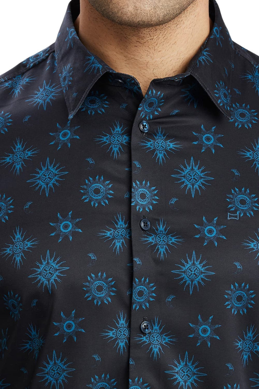 BASICS SLIM FIT GRAPHITE NAVY POLYESTER STRETCH TWILL PRINTED SHIRT