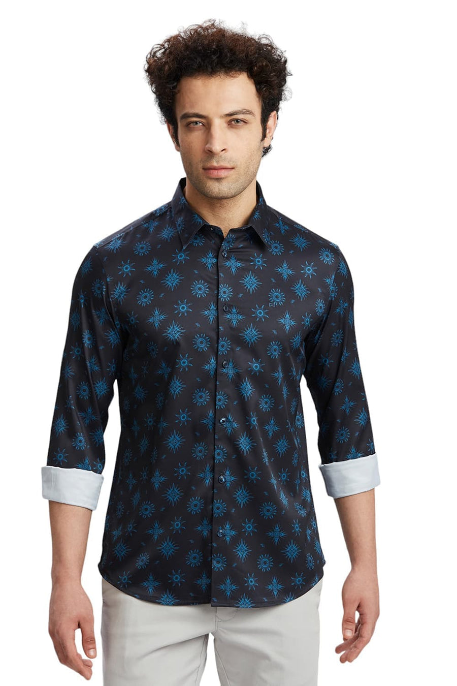 BASICS SLIM FIT GRAPHITE NAVY POLYESTER STRETCH TWILL PRINTED SHIRT