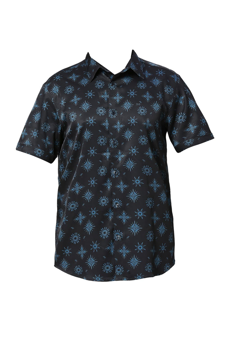 BASICS SLIM FIT GRAPHITE NAVY POLYESTER STRETCH TWILL PRINTED HALFSLEEVES SHIRT