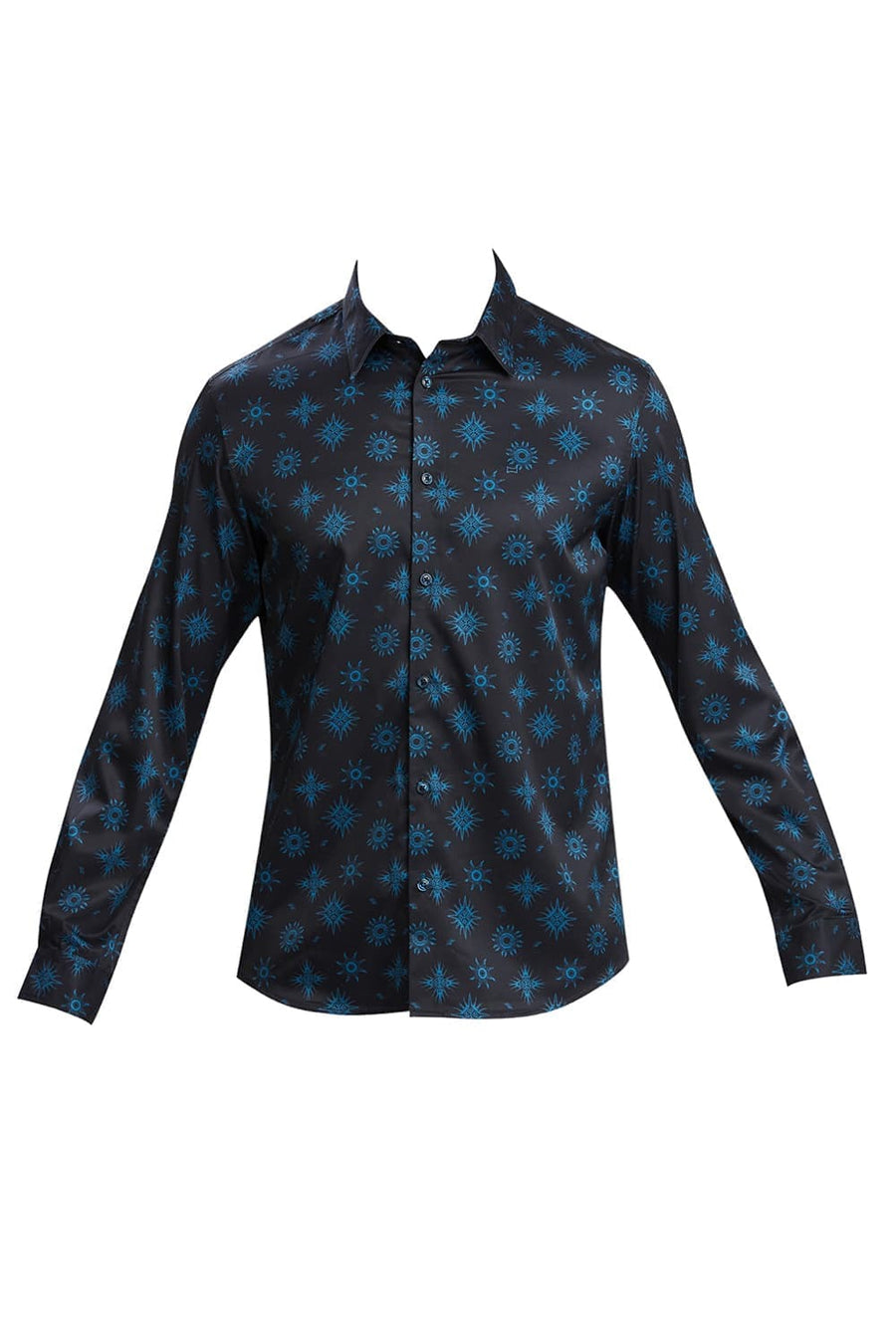 BASICS SLIM FIT GRAPHITE NAVY POLYESTER STRETCH TWILL PRINTED SHIRT