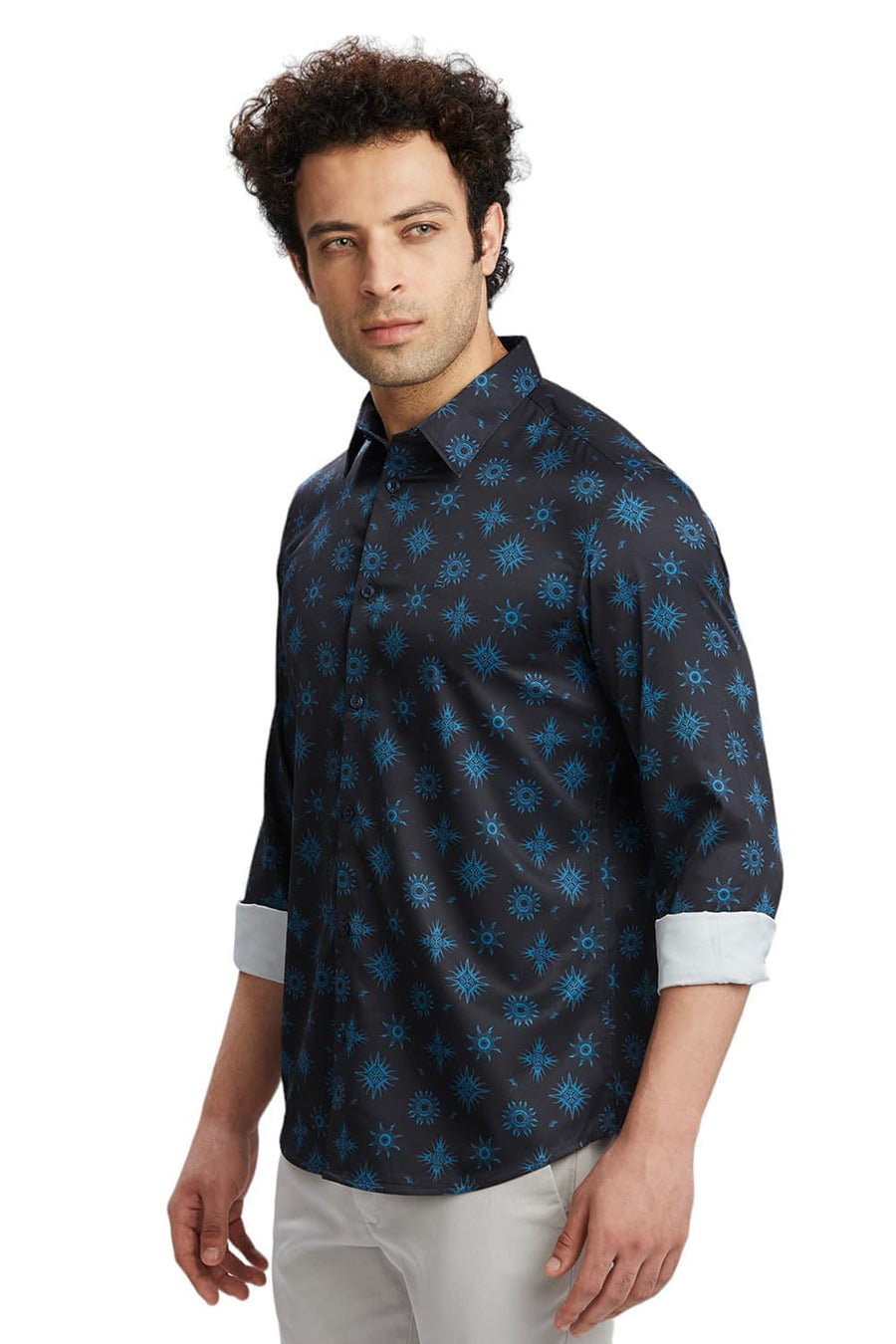 BASICS SLIM FIT GRAPHITE NAVY POLYESTER STRETCH TWILL PRINTED SHIRT