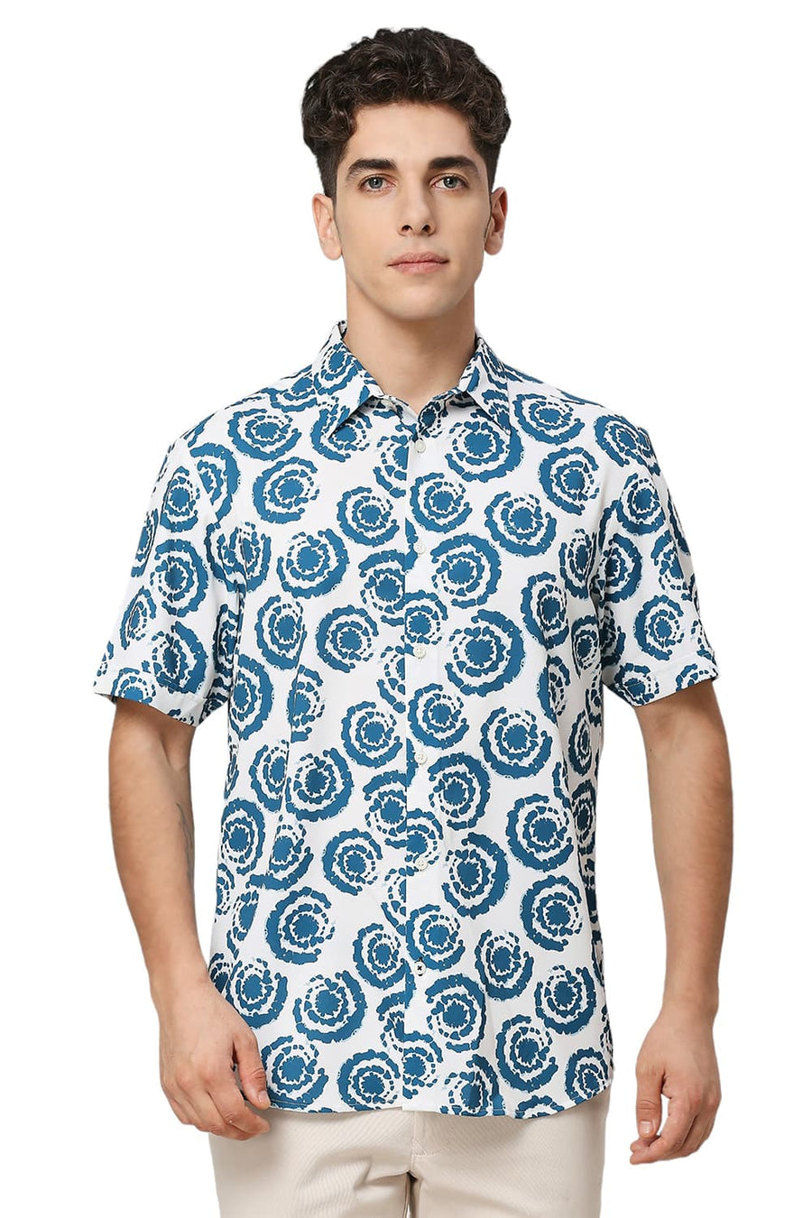 BASICS SLIM FIT ECRU MILK POLYESTER PRINTED HALFSLEEVES SHIRT