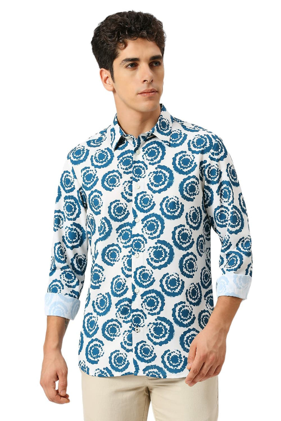 BASICS SLIM FIT ECRU MILK POLYESTER PRINTED SHIRT