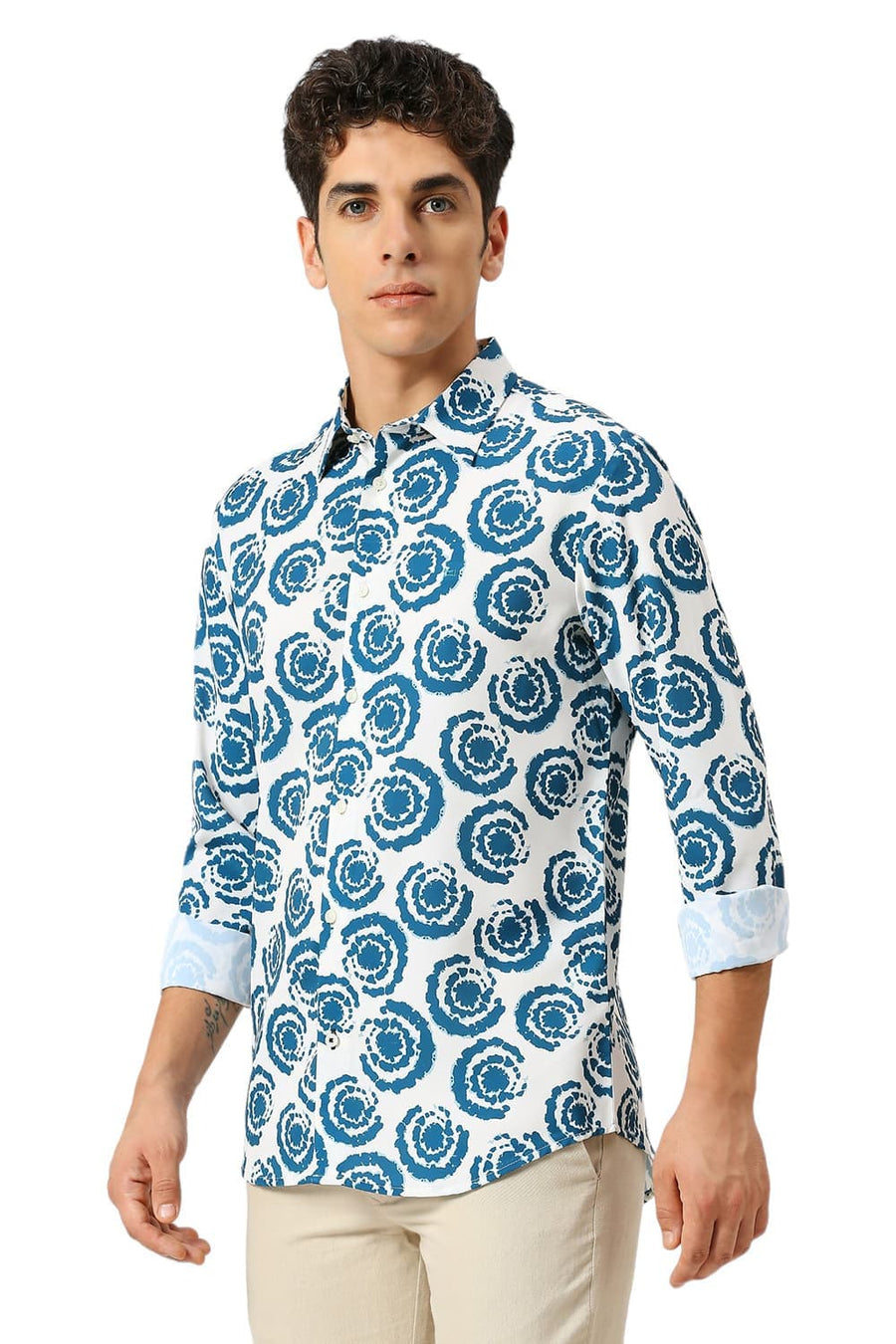 BASICS SLIM FIT ECRU MILK POLYESTER PRINTED SHIRT