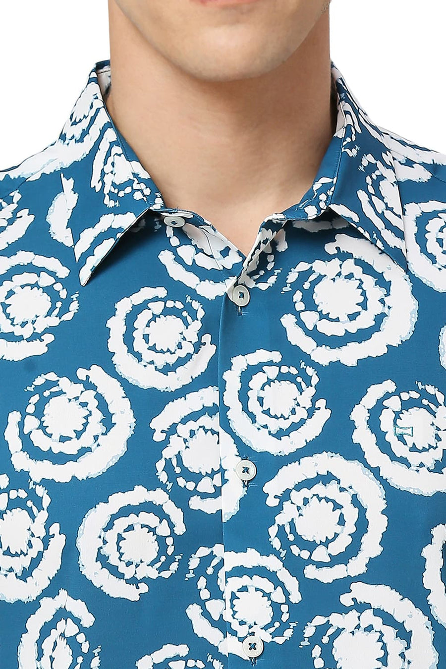 BASICS SLIM FIT CORSAIR AQUA POLYESTER PRINTED HALFSLEEVES SHIRT